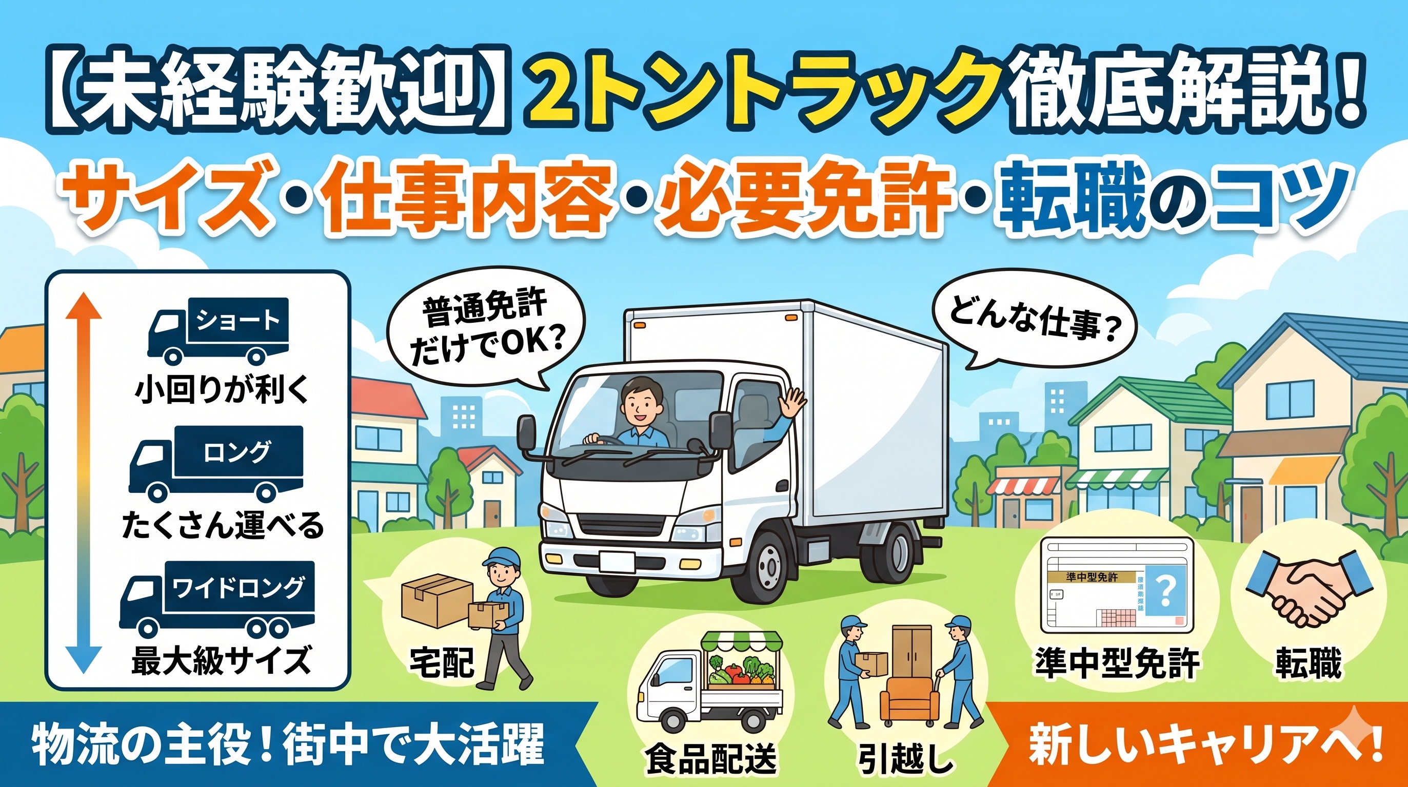 【未経験歓迎】2トントラックのサイズ・仕事内容は？必要免許や転職のコツを現役目線で徹底解説！