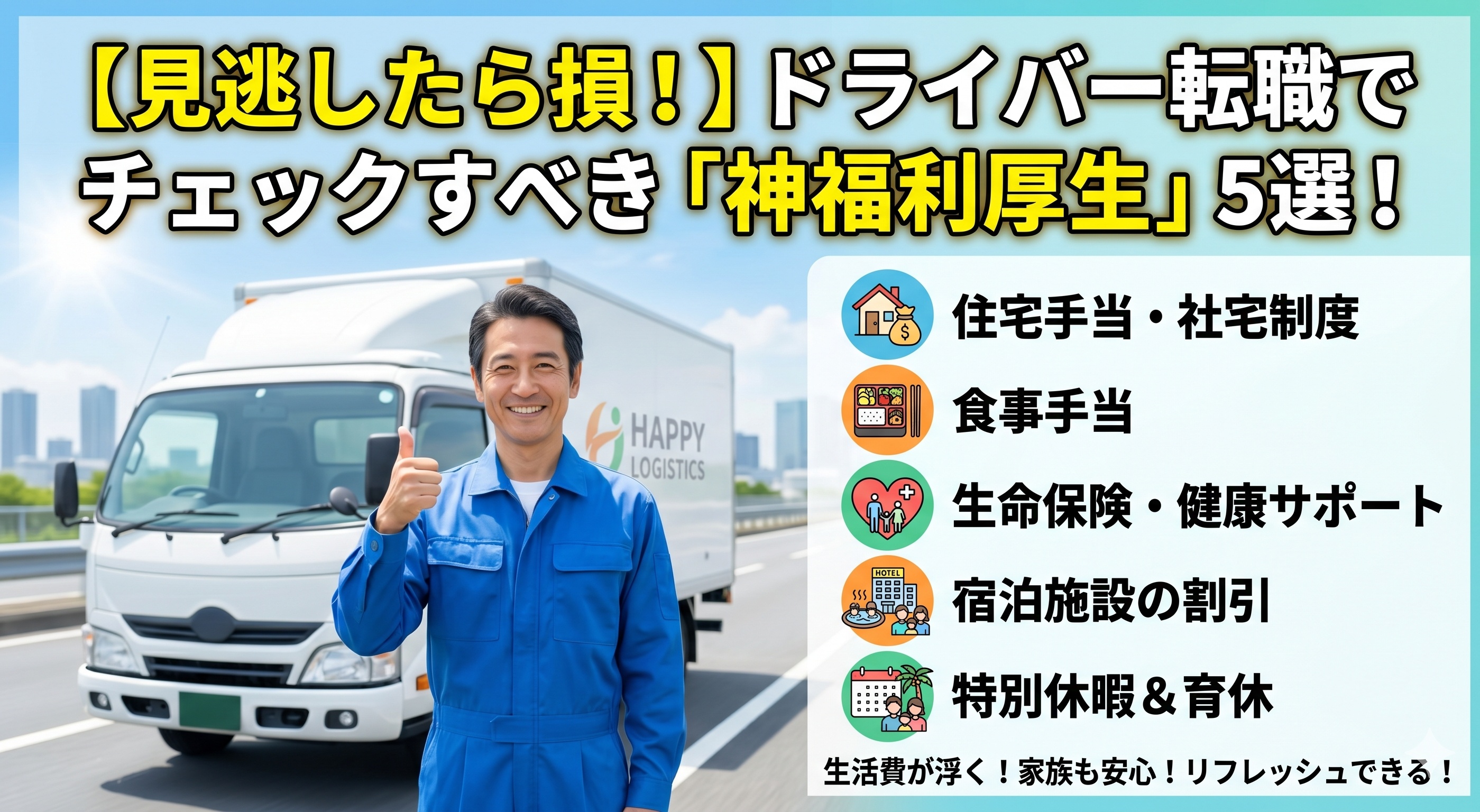 【見逃したら損！】ドライバー転職でチェックすべき「神福利厚生」5選！